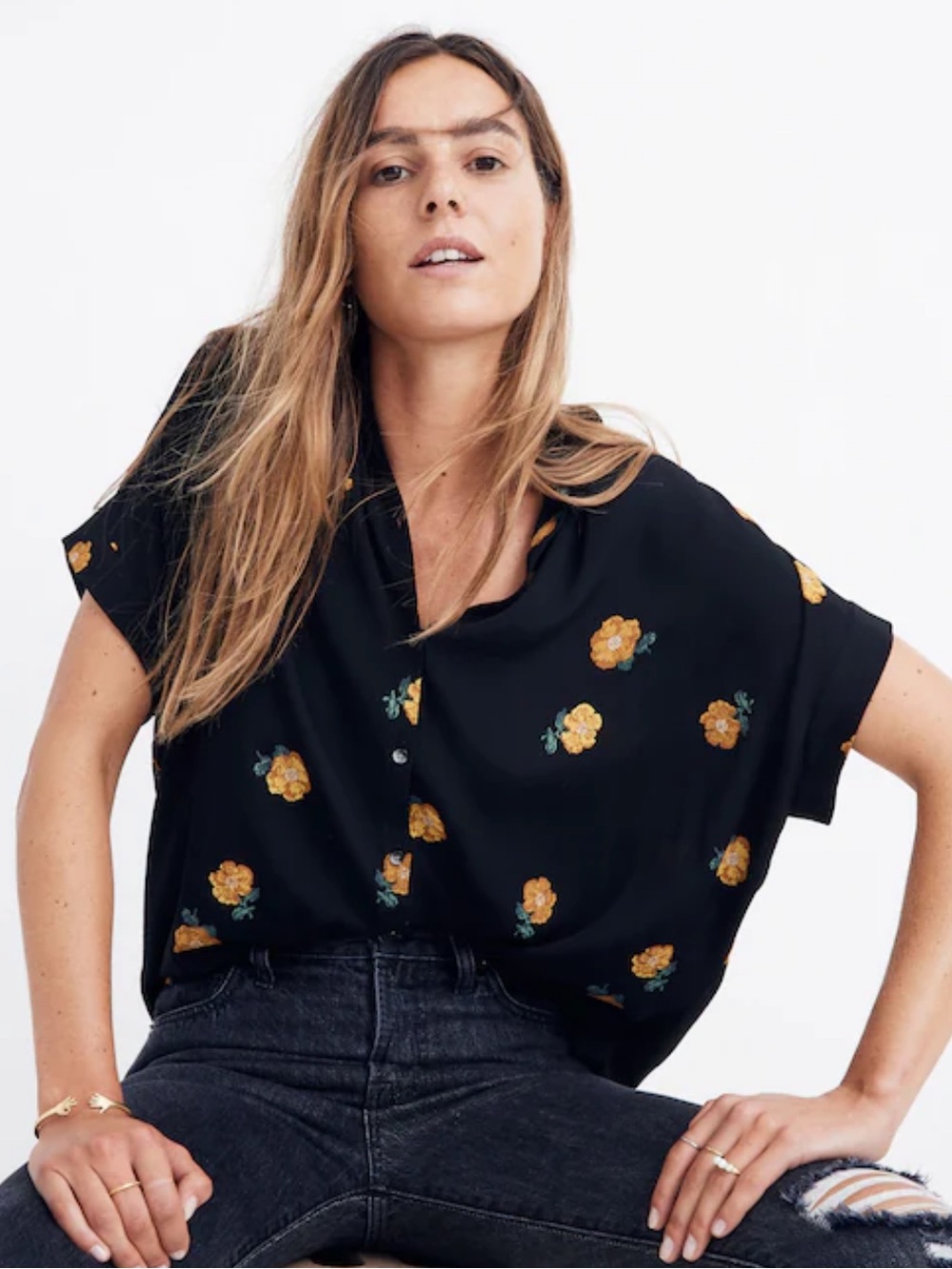 Madewell Black Short-Sleeve Button-Front Top with Yellow Floral Print